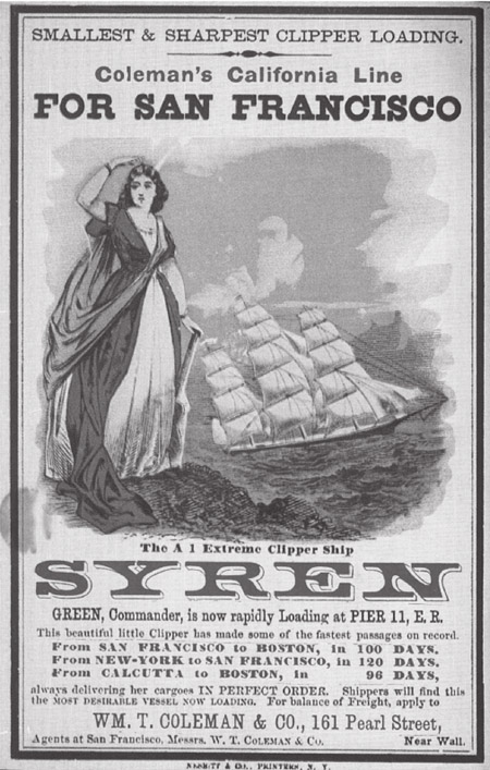 Advertisement for the clipper ship, Syren, from New York to San Francisco.