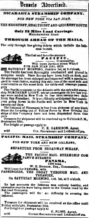 Ad for Steamship Pacific to San Juan DelSud September 30, 1853.