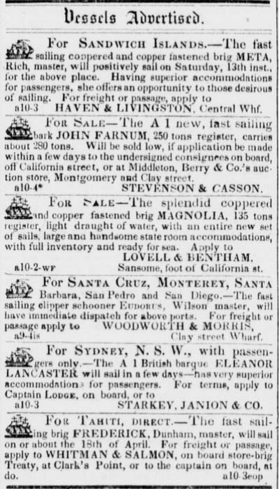 Ad from the Daily Alta California for a sailing of the Eleanor Lancaster.
