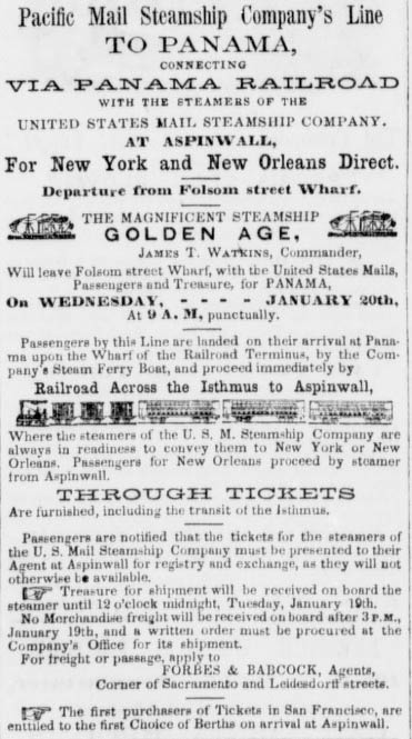 Golden Age to Panama January 15, 1858 Advertisement.