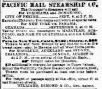 Pacific Mail Company Ad for Zealandia to Australia 1881.