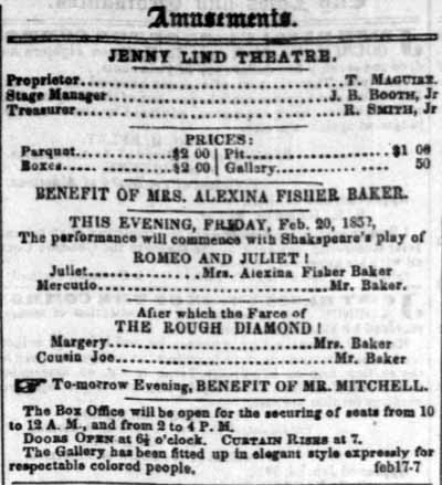 Daily Alta California ad for Alexina Fisher Baker February 20, 1852.
