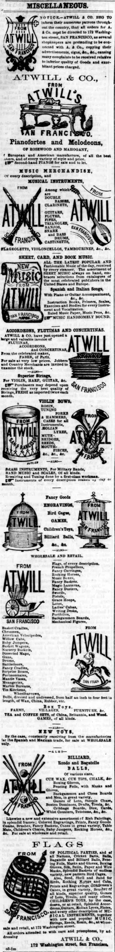 Atwill & Co. Advertisement from The Wide West November 1856.