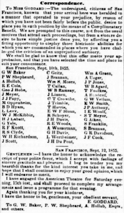 E. Goddard Performs in San Francisco 1855.