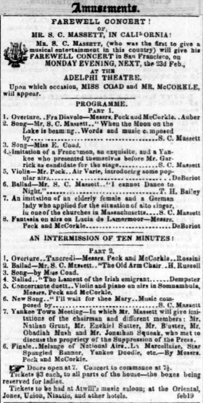 Ad for Stephen Massett from Daily Alta California, February 1852.